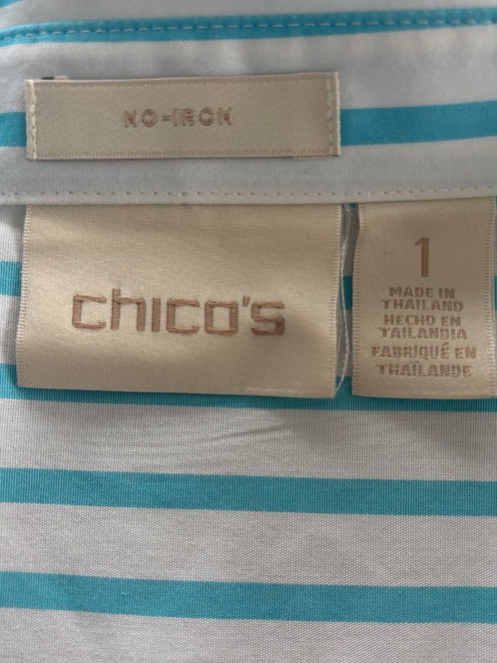 Chico's Aqua and White Striped Button-Down Blouse, No Iron - Picture 4 of 4